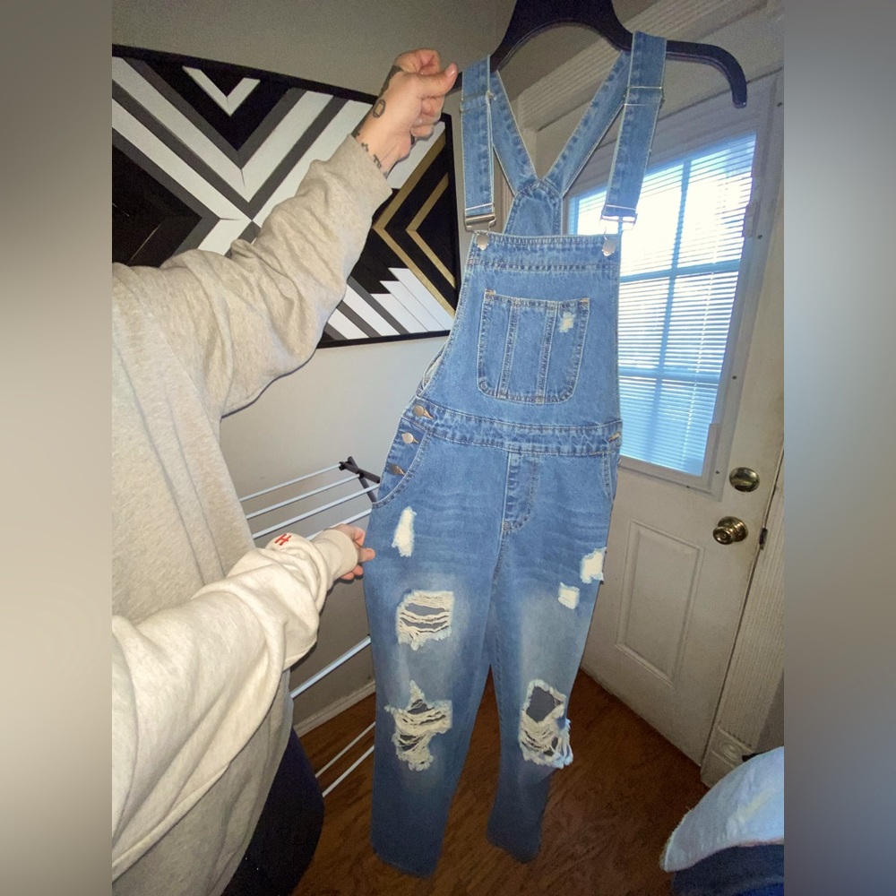 Fashionova straight leg, distressed overalls, Never Worn